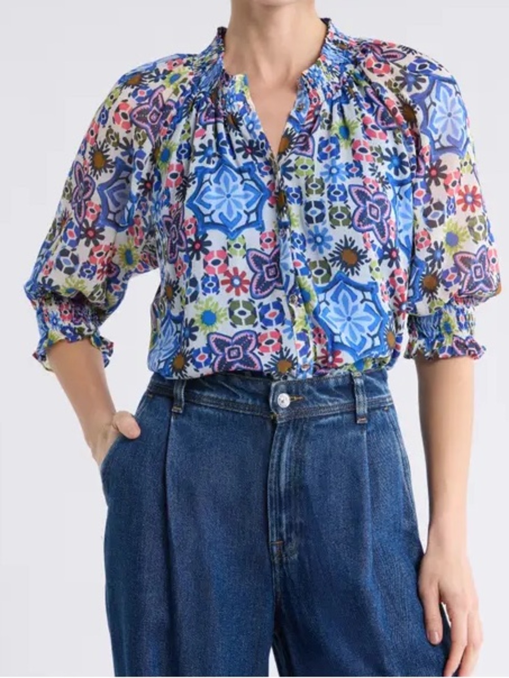 Ramy Brook Mai Smocked Button Front Top Size Small